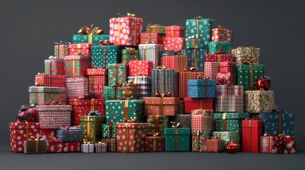 Different christmas presents on a large heap. Large stack of christmas packages. AI generated