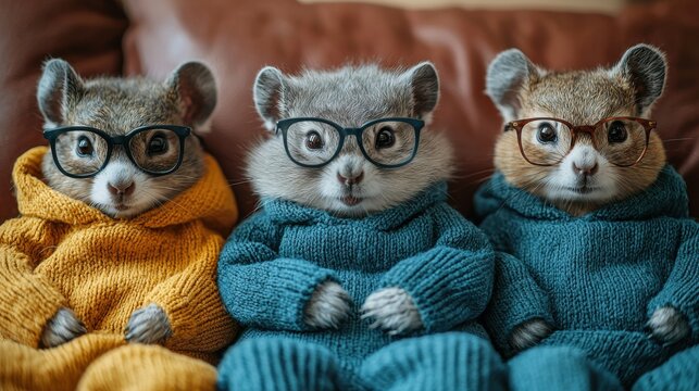 Three adorable squirrels wearing glasses and cozy sweaters sit side by side on a sofa in a warmly lit living room