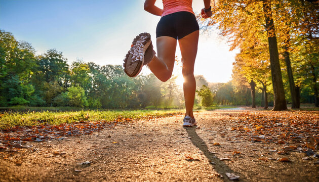 A runner woman running alone toward the sun in the park with tree on both side of the road. 