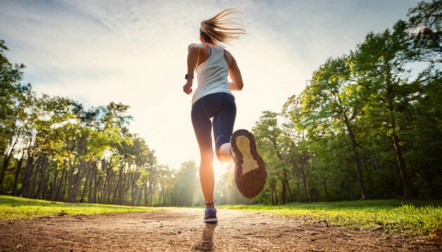 A runner woman running alone toward the sun in the park with tree on both side of the road. 