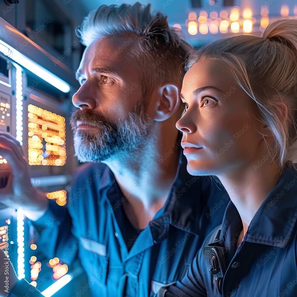 Poster tech specialists monitor server room, analyzing system performance for optimal operation.