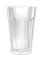 A clear glass tumbler against a transparent background, showcasing its sleek design and reflective surfaces.