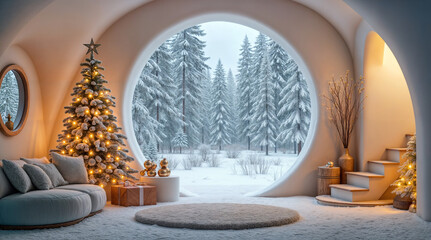 Obraz premium Futuristic room Christmas interior with natural materials, forest outside. Generative AI