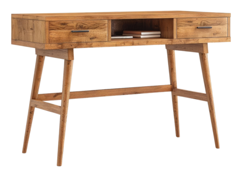 A stylish wooden desk featuring two drawers and a central open space, ideal for home office or study use - Powered by Adobe