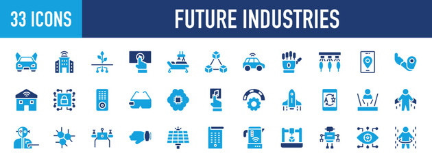 Set of 33 Future Industries icons. Future Industries web icon in life style. Car, Robotic Surgery, Smart City, Smart Farming, Spaceship, Cyber Security. icon collection. vector illustration.