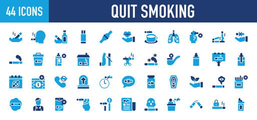 Set of 44 Quit Smoking icons. Quit Smoking web icon in life style. Air Pollution, Drinking, Person, Ash Tray, Vape, Cutting, Lung Cancer, Vape Liquid, No Smoking. Icon collection. Vector illustration.