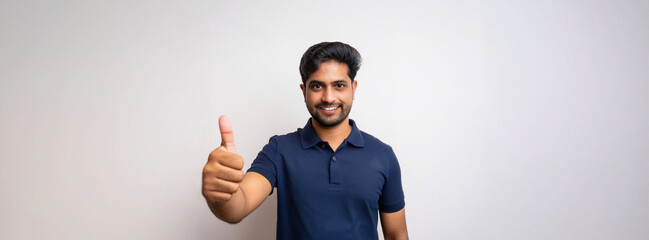A portrait of a South Asian man in a navy blue polo shirt giving a thumbs up.