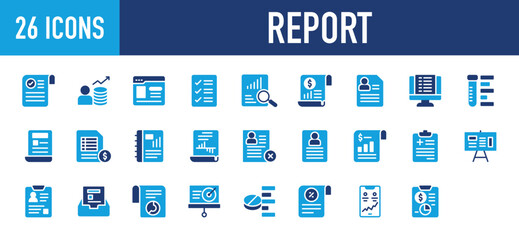 Set of 26 Report icons. Report web icons in line style. Validation, Webpage, Checklist, Revenue, Search Data, Resume, Test Tube, Price, Notebook, Monitor screen. Icon collection. Vector illustration.