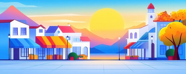 Market in a town square at dawn, flat design, side view, peaceful theme, animation, Complementary Color Scheme