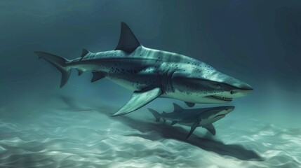 Obraz premium Powerful Shark Swimming Underwater in the Deep Blue Ocean