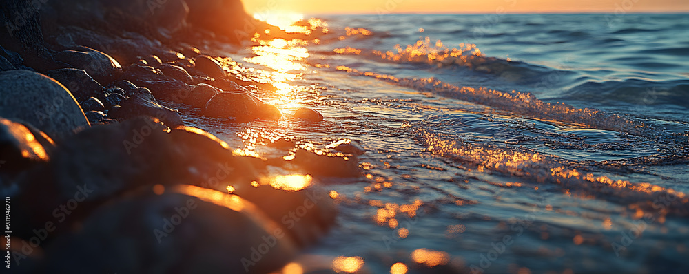 Wall mural Vibrant sunset casting shadows on a rocky beach, 4K hyperrealistic photo