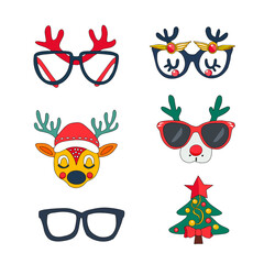 A colorful vector illustration featuring various festive holiday glasses with reindeer antlers, decorated with Christmas ornaments