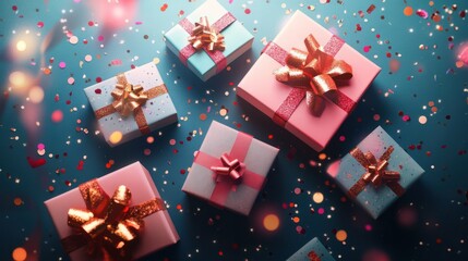 Happy Holidays composition. Celebration greeting background with gift boxes, sparkles, confetti. Flat lay. Top view. cover for social networks, shopping mockup.Generative Ai