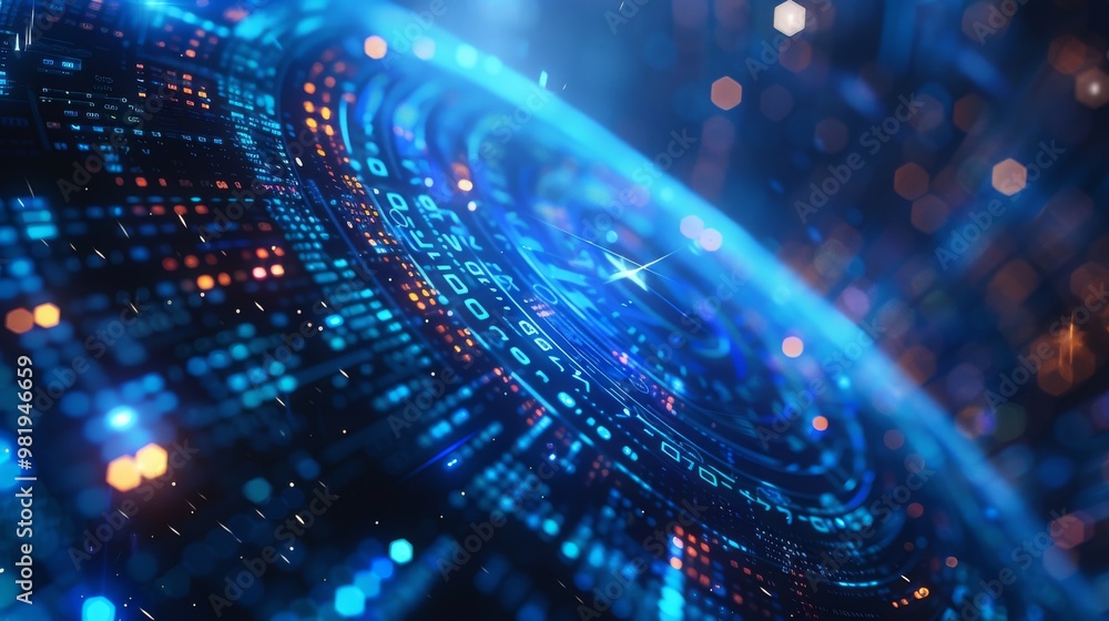 Poster futuristic cyber security background with a digital lock and binary code in a blue hue
