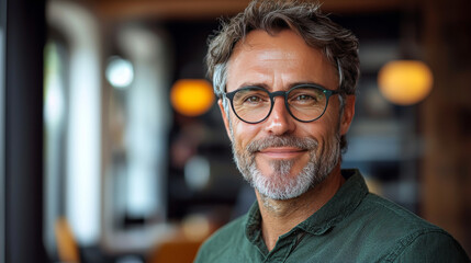 Obraz premium Smiling man wearing glasses in a cafe.