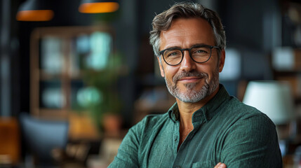 Fototapeta premium Smiling man wearing glasses in an office.