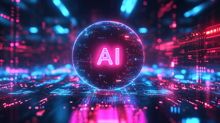 3D spherical hologram with glowing text "AI" on its surface, floating in space surrounded by neon data streams and code lines