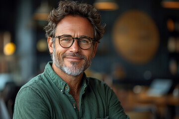 Obraz premium Smiling man in glasses looks at the camera.