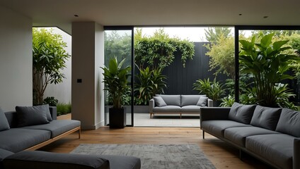 View from inside an open door to a modern garden with grey sofas and plants.