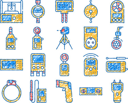 measuring equipment doodle icons set vector. sketch line art measuring temperature and weight, distance and water ph gadget, accelerometer and planimeter color illustrations