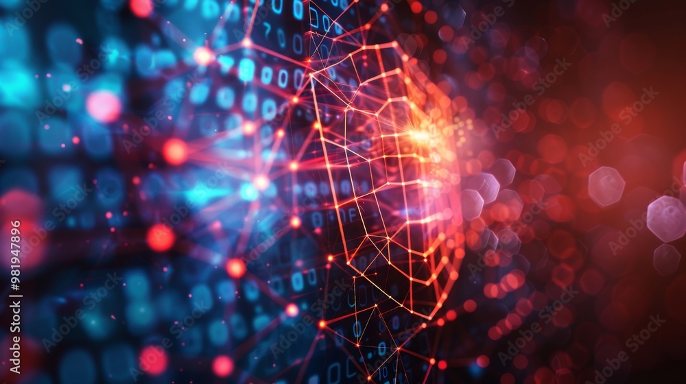 Poster abstract cyber security background featuring a shield symbol with interconnected data lines