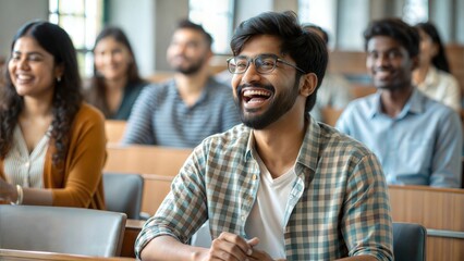 Joyful Indian Student in College Lecture Hall
