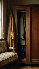 Vintage coats hanging in a classic wooden wardrobe.