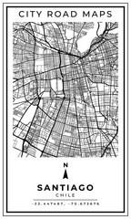 Monochrome Line Art Map of Santiago City of Chile, Illustration and home decoration