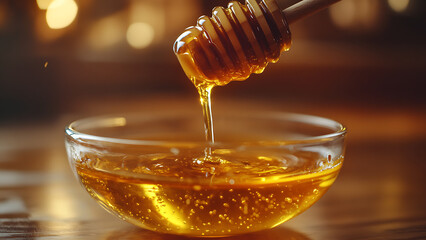 A honey dipper is dripping honey into a bowl of honey.