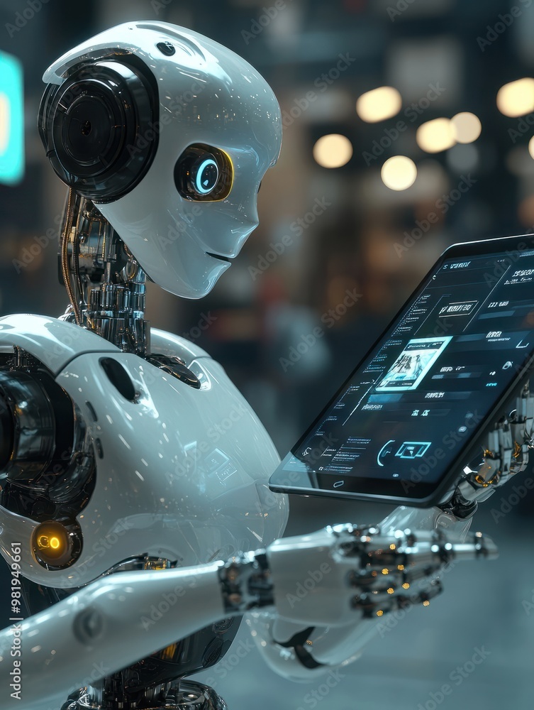 Poster robot holds the tablet and virtual shopping cart. future of shopping with innovative virtual shoppin