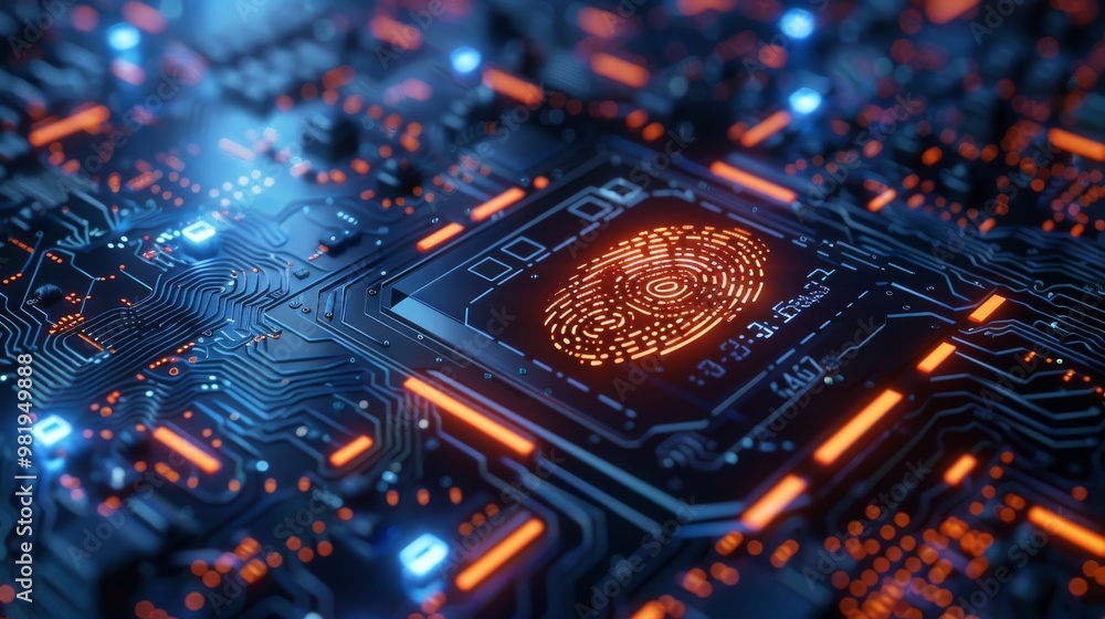 Poster cyber security theme with a fingerprint scanner and digital circuitry overlay