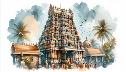 watercolor illustration of Hindu temple