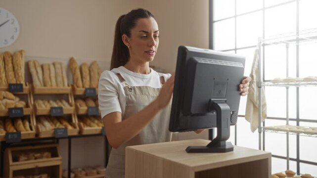 Woman working in bakery, adjusting the computer while standing behind the counter, indoors with shelves of bread displayed in the background.