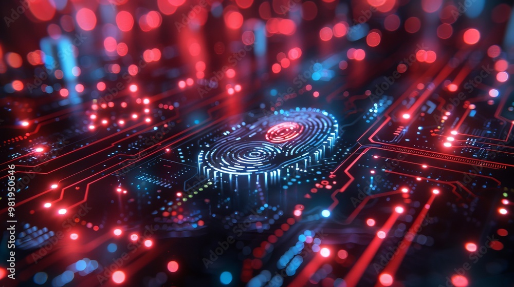 Poster cyber security theme with a fingerprint scanner and digital circuitry overlay