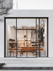 Storefront with white walls and black metal accents, glass windows showing the interior of the store, minimalist wood furniture in front of the building. Generative AI.
