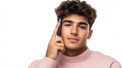 Obraz premium Studio portrait of young Hispanic male showing a mobile phone call gesture with fingers. transparent background