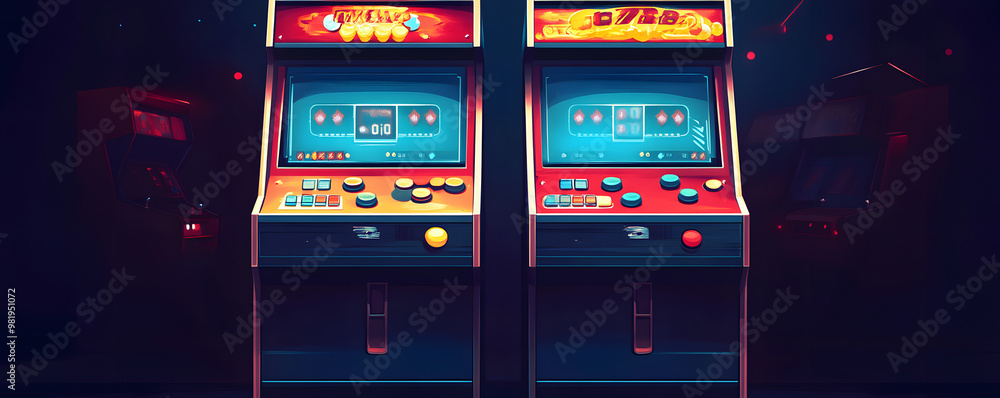 Poster retro arcade game cabinet with colorful buttons and joysticks vector flat minimalistic isolated illu