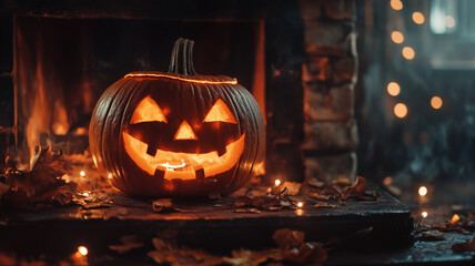 A glowing jack-o'-lantern illuminated by a fireplace with fall leaves scattered around