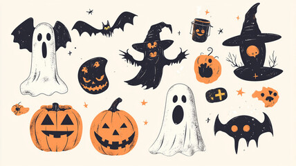 Fototapeta premium Colorful Halloween art with pumpkins, ghosts, witches, and bats in festive designs