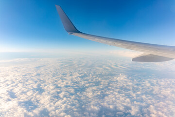 Beautiful salmon dawn and the wing of an airplane above the clouds.