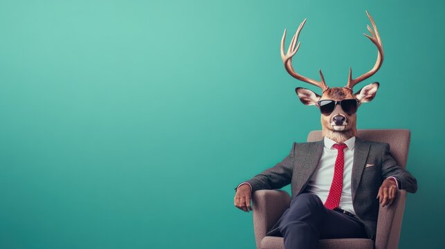 Trendy Christmas Rudolph deer with sunglasses and business suit sitting like a Boss in chair. Creative animal concept banner. Pastel teal green background.