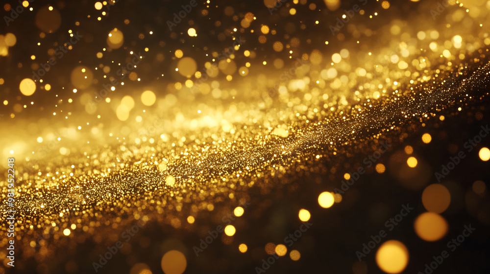 Poster a mesmerizing close-up of golden glitter particles shimmering and sparkling against a dark backgroun