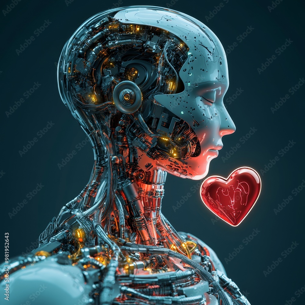 Poster ai and love. robot with heart. symbolizing advanced ai development in emotional intelligence.