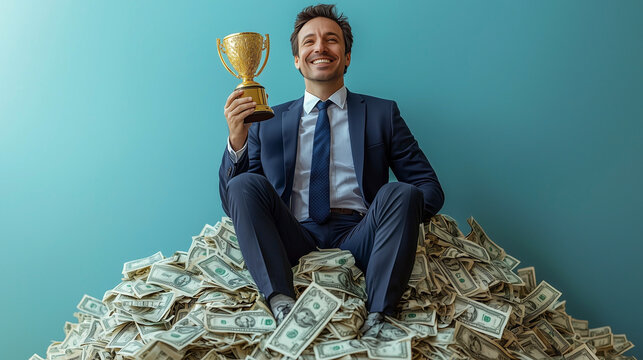 The Midas Touch: Businessman basking in financial success, holding a golden trophy while sitting on a mountain of cash. A powerful and aspirational image for entrepreneurs and investors. 