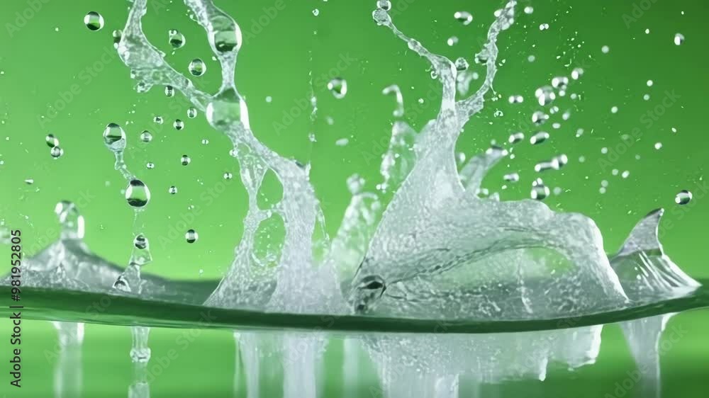 Poster energetic water splashing creates dynamic waves against a green screen, freezing in time with reflec