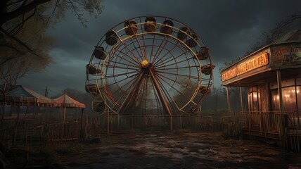 Eerie Abandoned Amusement Park on Rainy Night with Decaying Roller Coaster