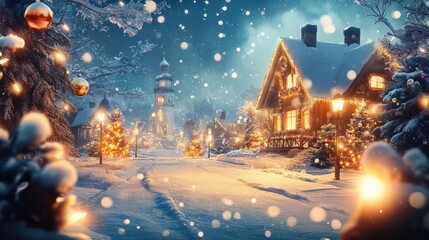 Weihnachtliches Dekobanner mit WeihnachtshÃ¤user, Weihnachtskugeln, Hintergrund Illustration