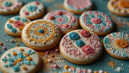 Whimsical sugar cookies with intricate designs on a sprinkle backdrop.