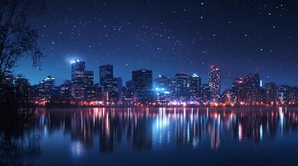 Fototapeta premium Night City Skyline with Stars and Reflections in Water