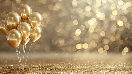 A group of shiny golden balloons floating against a sparkling background, creating a festive and celebratory atmosphere for celebrations.